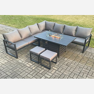 Fimous Aluminium 9 Seater Garden Furniture Outdoor Set Patio Lounge Sofa Gas Fire Pit Dining Table Set with 2 Small Footstools Dark Grey