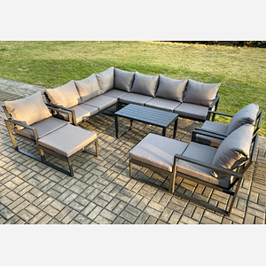 Fimous Aluminum 11 Seater Outdoor Lounge Corner Sofa Set Garden Furniture Sets with Oblong Coffee Table 3 Chairs 2 Big Footstools Dark Grey