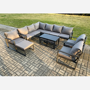 Fimous Aluminum 12 Seater Outdoor Lounge Corner Sofa Set Garden Furniture Sets with Oblong Coffee Table 3 Chairs 3 Footstools Dark Grey