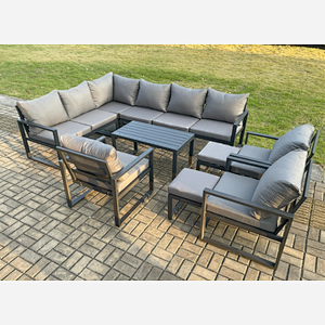 Fimous Aluminium Garden Furniture Set Outdoor Indoor Lounge Corner Sofa 3 Pcs Chair Oblong Coffee Table Sets with 2 Small Footstools Dark Grey
