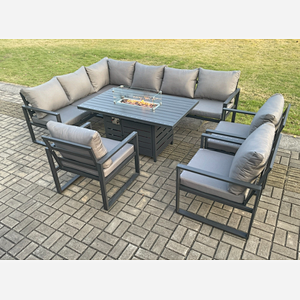 Fimous Aluminium Outdoor Garden Furniture Corner Sofa Gas Fire Pit Dining Table Sets Gas Heater Burner with 3 Chairs Dark Grey 9 Seater