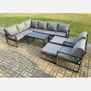 Fimous Aluminum 10 Seater Outdoor Lounge Corner Sofa Set Garden Furniture Sets with Oblong Coffee Table 2 Chairs 2 Big Footstool Dark Grey
