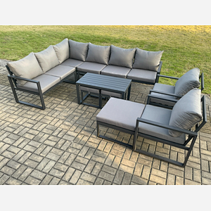 Fimous Aluminum 11 Seater Outdoor Lounge Corner Sofa Set Garden Furniture Sets with Oblong Coffee Table 2 Chairs 3 Footstools Dark Grey