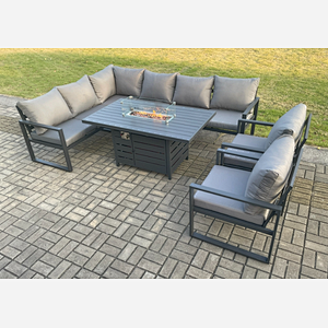 Fimous Aluminium Outdoor Garden Furniture Corner Sofa Gas Fire Pit Dining Table Sets Gas Heater Burner with 2 Chairs Dark Grey 8 Seater