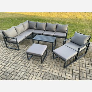 Fimous Aluminum 9 Seater Outdoor Lounge Corner Sofa Set Garden Furniture Sets with Oblong Coffee Table Chair 2 Big Footstool Dark Grey