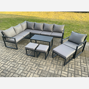 Fimous Aluminum 10 Seater Outdoor Lounge Corner Sofa Set Garden Furniture Sets with Oblong Coffee Table Chair 3 Footstools Dark Grey