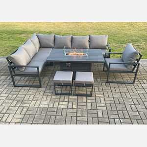 Fimous Aluminium Patio Outdoor Garden Furniture Corner Sofa Set Gas Fire Pit Dining Table with Chair 2 Small Footstools Dark Grey