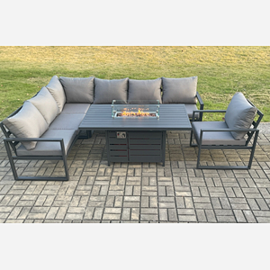 Fimous Aluminium Outdoor Garden Furniture Corner Sofa Gas Fire Pit Dining Table Sets Gas Heater Burner with Chair Dark Grey 7 Seater