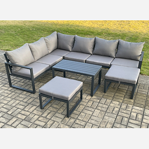 Fimous Aluminum 8 Seater Outdoor Lounge Corner Sofa Set Garden Furniture Sets with Oblong Coffee Table 2 Big Footstool Dark Grey