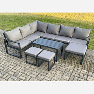 Fimous Aluminum 9 Seater Outdoor Lounge Corner Sofa Set Garden Furniture Sets with Oblong Coffee Table 3 Footstools Dark Grey