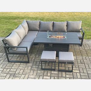 Fimous Aluminium Patio Outdoor Garden Furniture Corner Sofa Set Gas Fire Pit Dining Table with 2 Small Footstools Dark Grey