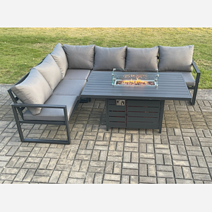 Fimous Aluminium Outdoor Garden Furniture Corner Sofa Gas Fire Pit Dining Table Sets Gas Heater Burner Dark Grey 6 Seater