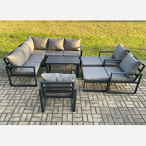 Fimous 10 Seater Aluminium Outdoor Garden Furniture Set Patio Lounge Sofa with Oblong Coffee Table Chair 2 Big Footstools Dark Grey