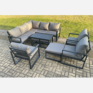 Fimous 11 Seater Aluminium Outdoor Garden Furniture Set Patio Lounge Sofa with Oblong Coffee Table Chair 3 Footstools Dark Grey