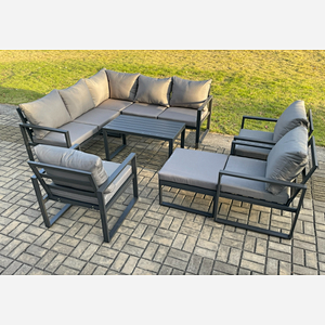 Fimous 9 Seater Aluminium Outdoor Garden Furniture Set Patio Lounge Sofa with Oblong Coffee Table Chair Big Footstool Dark Grey