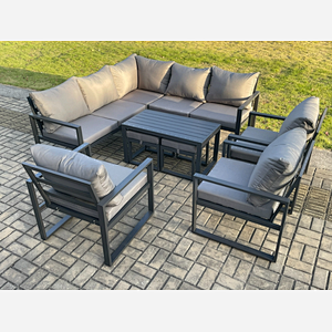 Fimous 10 Seater Aluminium Outdoor Garden Furniture Set Patio Lounge Sofa with Oblong Coffee Table Chair 2 Small Footstools Dark Grey