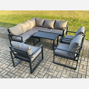 Fimous 8 Seater Aluminium Outdoor Garden Furniture Set Patio Lounge Sofa with Oblong Coffee Table Chair Dark Grey
