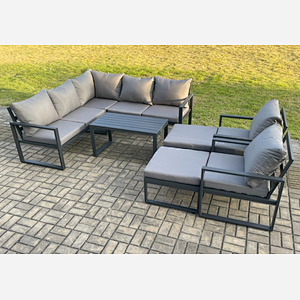Fimous 9 Seater Aluminium Outdoor Garden Furniture Set Patio Lounge Sofa with Oblong Coffee Table 2 Big Footstools Dark Grey