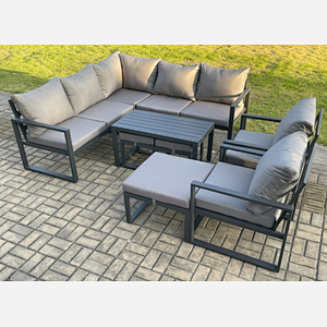 Fimous 10 Seater Aluminium Outdoor Garden Furniture Set Patio Lounge Sofa with Oblong Coffee Table 3 Footstools Dark Grey