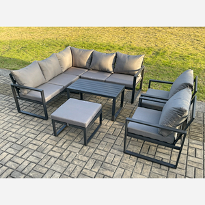 Fimous Aluminium Outdoor Garden Furniture Set Lounge Sofa Oblong Coffee Table Sets with 2 Pcs Chair Big Footstool Indoor Conservatory Set Dark Grey