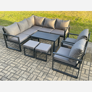 Fimous 9 Seater Aluminium Outdoor Garden Furniture Set Patio Lounge Sofa with Oblong Coffee Table 2 Small Footstools Dark Grey