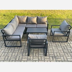 Fimous Aluminium Outdoor Garden Furniture Set Lounge Sofa Oblong Coffee Table Sets with 2 Pcs Chair Indoor Conservatory Set Dark Grey