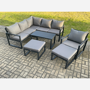 Fimous Aluminium Outdoor Garden Furniture Set Lounge Sofa Oblong Coffee Table Sets with Chair 2 Big Footstools Indoor Conservatory Set Dark Grey