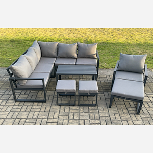 Fimous Aluminium Outdoor Garden Furniture Set Lounge Sofa Oblong Coffee Table Sets with Chair 3 Footstools Indoor Conservatory Set Dark Grey