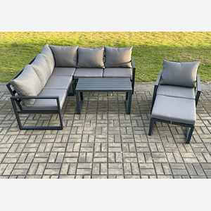 Fimous Aluminium Outdoor Garden Furniture Set Lounge Sofa Oblong Coffee Table Sets with Chair Big Footstool Indoor Conservatory Set Dark Grey