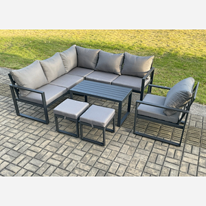 Fimous Aluminium Outdoor Garden Furniture Set Lounge Sofa Oblong Coffee Table Sets with Chair 2 Small Footstools Indoor Conservatory Set Dark Grey