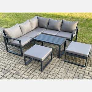 Fimous Aluminium Outdoor Garden Furniture Set Lounge Sofa Oblong Coffee Table Sets with 2 Big Footstool Indoor Conservatory Set Dark Grey
