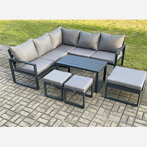 Fimous Aluminium Outdoor Garden Furniture Set Lounge Sofa Oblong Coffee Table Sets with 3 Footstools Indoor Conservatory Set Dark Grey