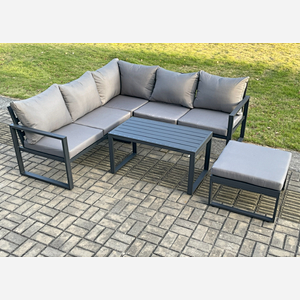 Fimous Aluminium Outdoor Garden Furniture Set Lounge Sofa Oblong Coffee Table Sets with Big Footstool Indoor Conservatory Set Dark Grey