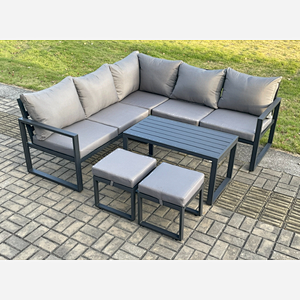 Fimous Aluminium Outdoor Garden Furniture Set Lounge Sofa Oblong Coffee Table Sets with 2 Small Footstools Indoor Conservatory Set Dark Grey