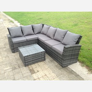 Fimous High Back Left Rattan Sofa Set Square Table Outdoor Garden Furniture Mixed Grey