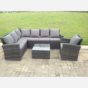 Fimous 7 Seater rattan corner sofa set square coffee table chair outdoor furniture grey(2 options)